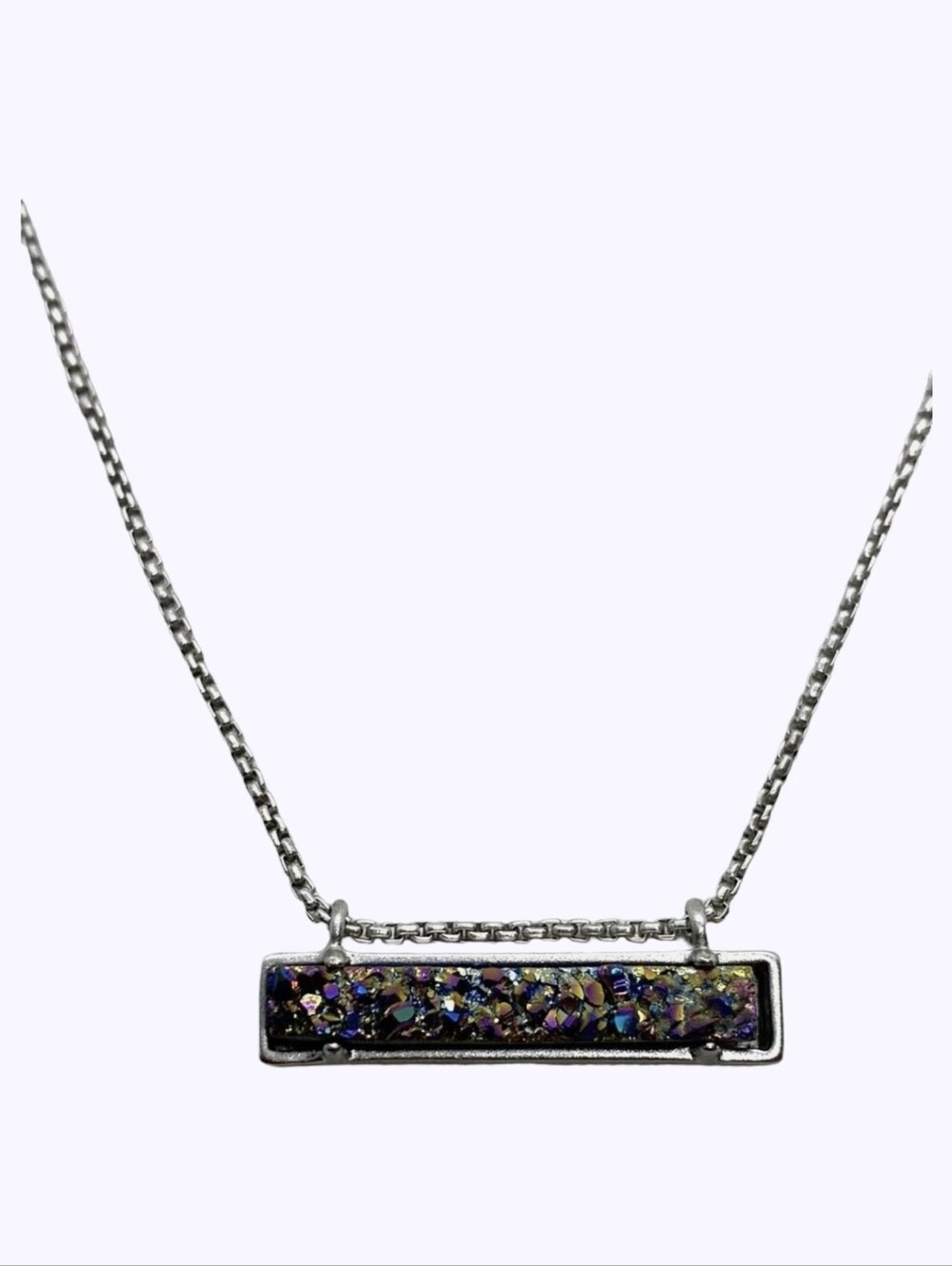 Kendra Scott Silver Leanor Necklace with Iridescent Multi Drusy Blue Purple Bar